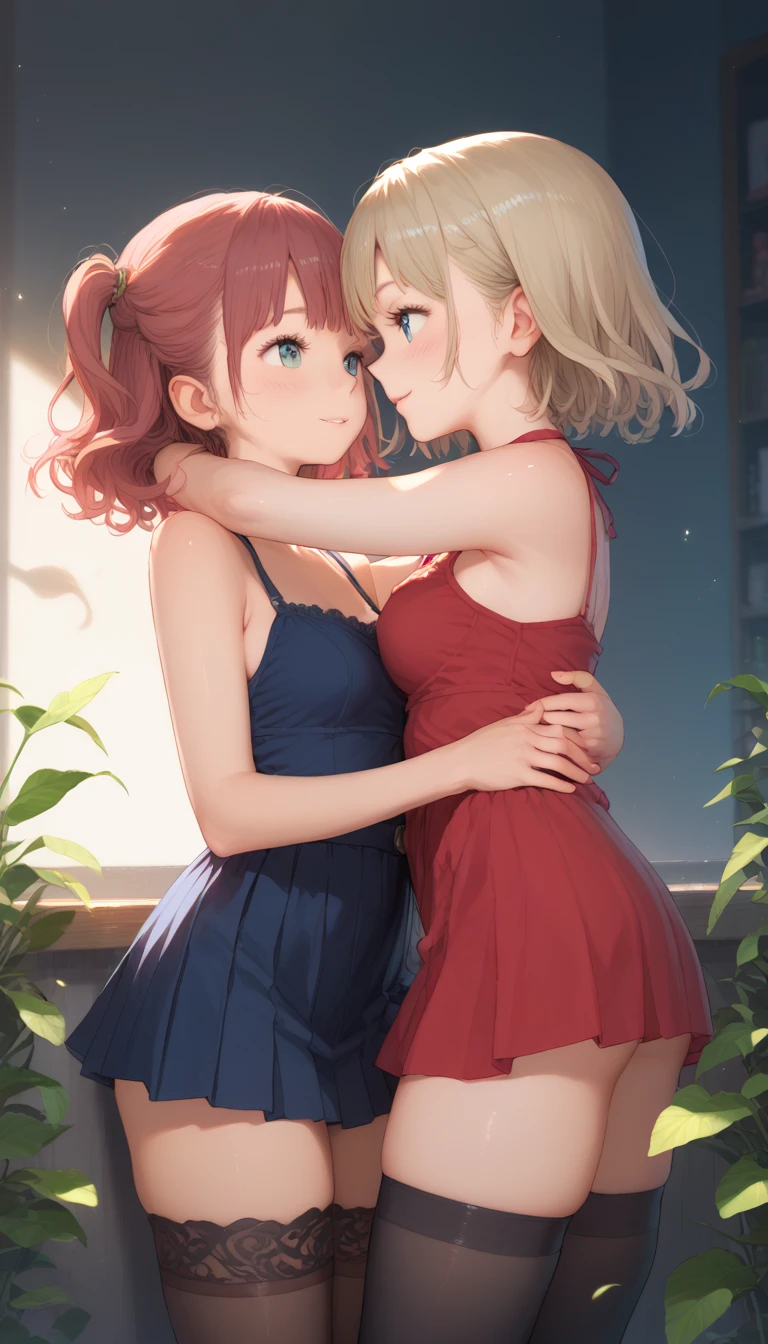 masterpiece, Highest quality, High resolution, (Two Girls), (Multiple Girls), Detailed face, blush, Anime CG style, (Mid-chest), (18-year-old girl:1.3), (old age), Good lighting, Perfect body, Sakura Kinomoto, Glossy Lips, City Street, Facing each other, ((kiss)), Cleavage, barefoot, close your eyes