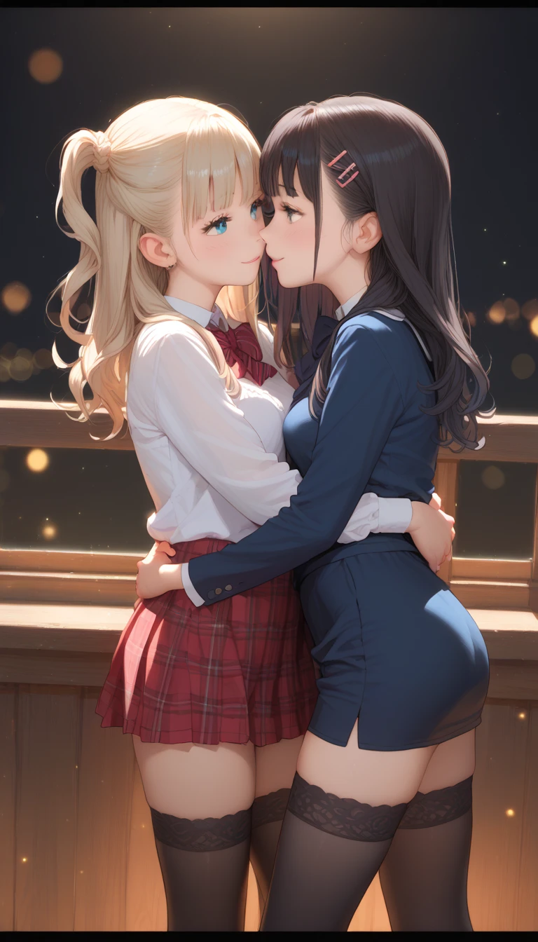 ((black knee-high)) (((mini skirts)))"Draw a picture of two girls, bobcut girl and twintail hair girl, around the age of 12, hugging each other while gazing into each other's eyes. girl are wearing cute feminin school uniforms.
She has a warm and loving expression on her face, with her eyes locked onto the bobcut girl's,
She has a soft and
affectionate expression on her face, with her eyes locked onto the twintail girl'
Both girls are standing in a school classroom
There is a blackboard and clock on the wall.
and desks and chairs are lined up
There is a large window with a view of the residential area outside They are embracing each other tightly, with their foreheads touching and They are kissing passionately. The atmosphere is peaceful and intimate.
"((yamanosusume)) (RozenMaiden)
Super realistic!, Photorealistic. by Alfons Maria Mucha by UnrealEngine5, depth of field,
Open window with city view
Mischievous grin on her face,NSFW((Blue sky and realistic clouds outside the window))