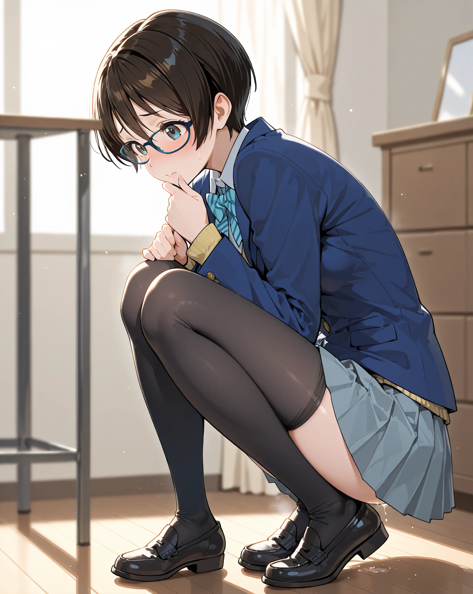 (masterpiece, 4K resolution, ultra-realistic, Very detailed), Girl、、12 years old、blazer、Sit on a chair、classroom、Holding white panties with both hands、smile、Black Hair、Side Ponytail、Brown eyes,holding panties,presenting panties.Perfect Fingers、tie、pussy、dildo in pussy、Blushing、Embarrassing、Embarrassed、Black Pantyhose、Spread your legs