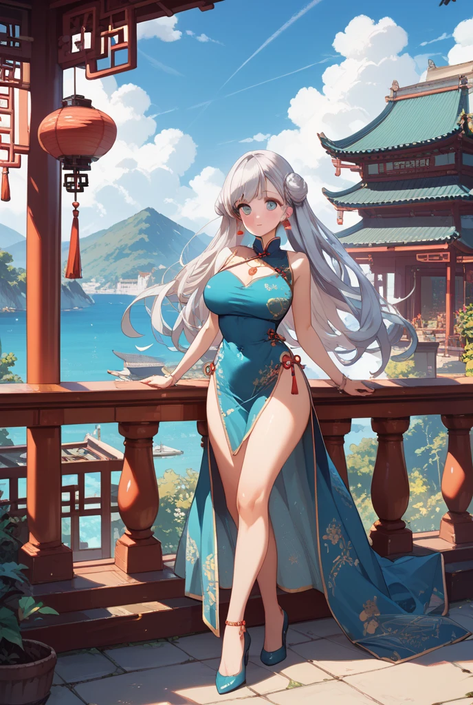 Cartoon with several frames of a huge city floating in a space comparable in size to Atlantis, In the tower that shines with soft light.Mt. Fuji towers majestically and gracefully、Konohanasakuyahime smiles kindly、The princess's breasts are huge、Japanese dress fluttering in the wind、The best illustrations、