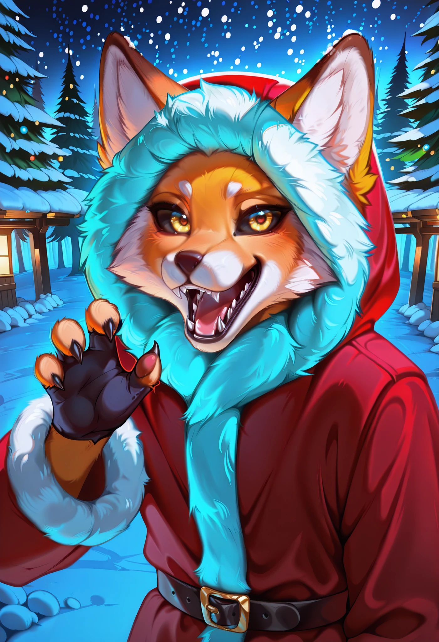 eastnik_anime, detailed background, Night, darkness, snow forest, Christmas trees, Village, Dark Road, backlight pole, lighting, fluffy персонаж, anthropomorphic fox, orange fur, Alice_The_Vixen, One, looks at the viewer, open mouth, 1 boy, glove belt, animal ears, Upper body, yellow eyes, male focus , teeth, language, hood, language out, grey background, coat, fur trim , fox ears, fangs, sharp teeth, fluffy, hood up, stained sclera, It's snowing, fluffy male, black sclera , body fur, white fur , fur-trimmed coat, sleeves with fur trim, red coat, yellow sclera,