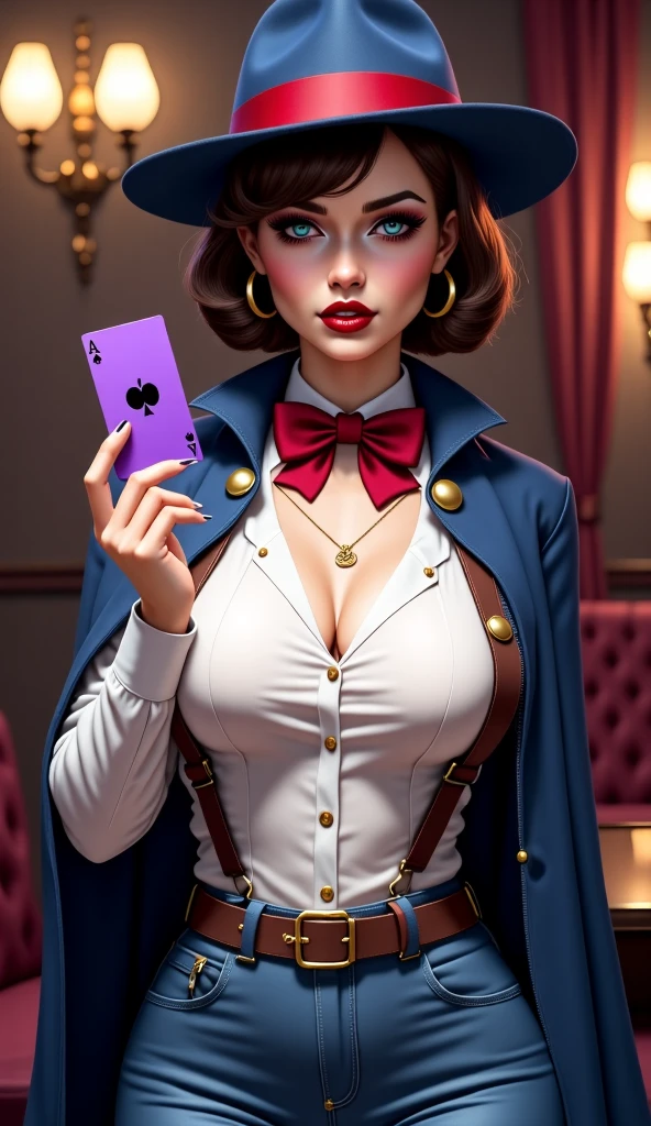 Em uma noite de luar, A charismatic woman embodies the essence of clubs, his outfit adorned with the club's distinctive symbol. With a deck in hand, ela evoca um ar de sorte e sutileza, inviting players to join her in an exciting game of skill and strategy.