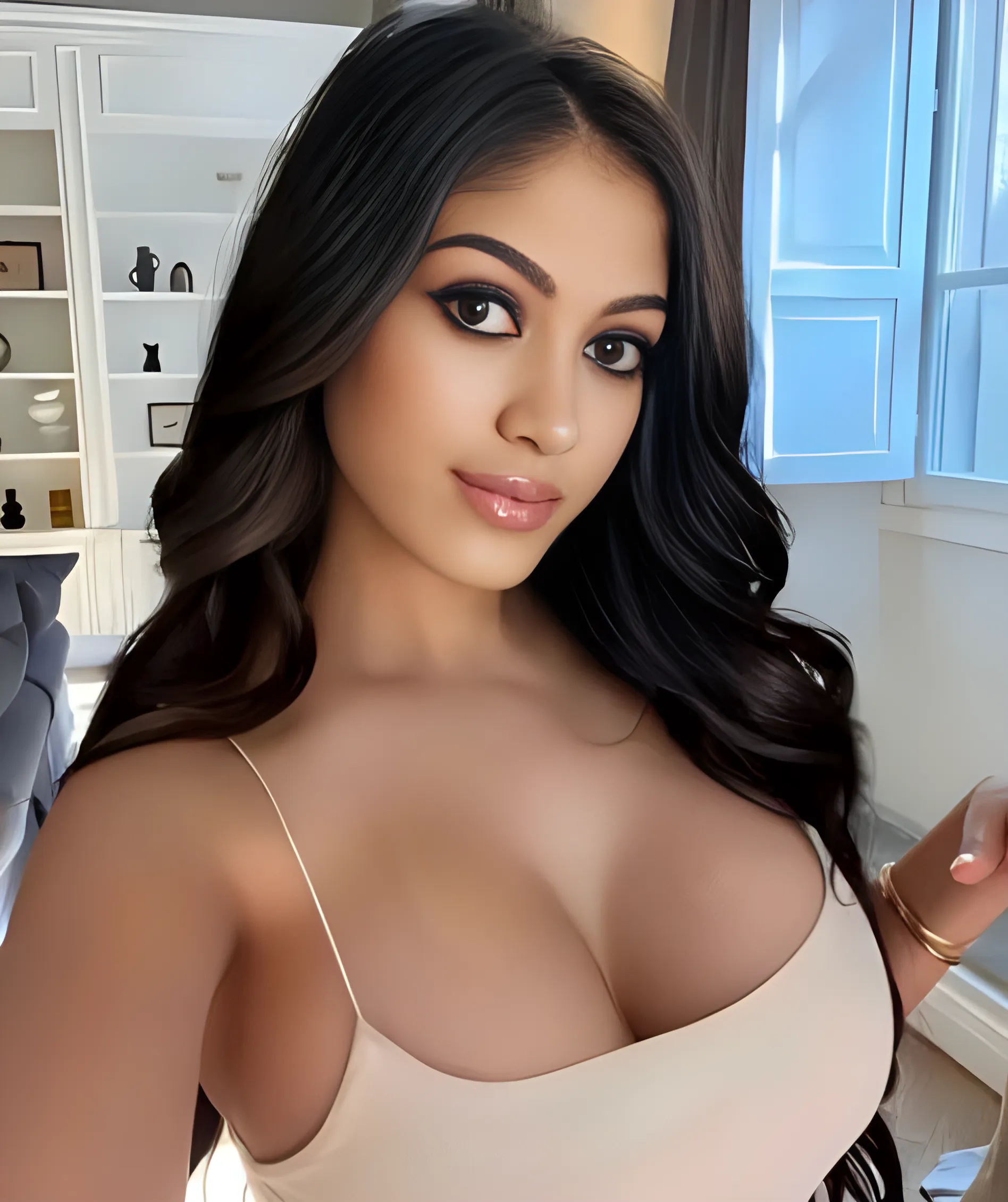 1girl, photorealistic, realistic, Latina woman, thick lips, mature, 25 years old, Latina, crimpy hair, brown skin, Latina nose, Latina eyes, Latina body, sitting and cross legs position, cleavage, Wardrobe Essentials, nude and naked, indoor, ponytail