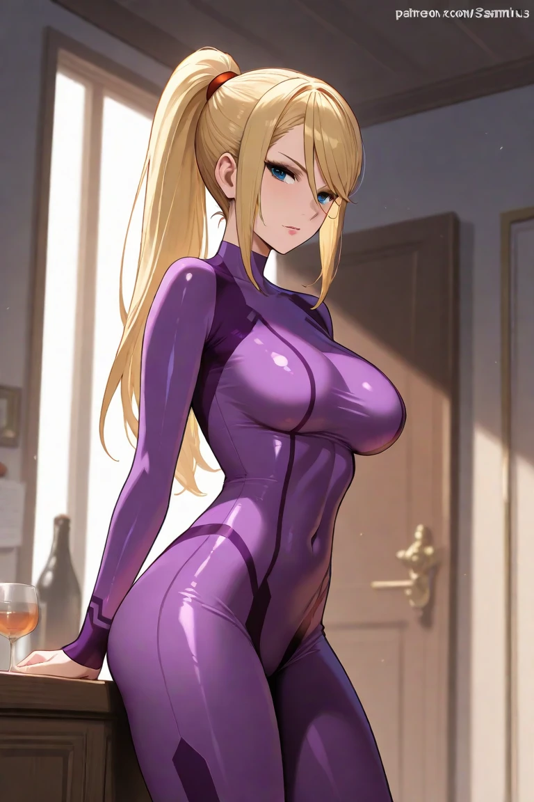 A female ninja in a purple leotard poses for a photo, fishnet tights, Blonde ponytail, huge tit, Plump crotch, underboobs exposed, Fitness model, Fair skin, Ruddy cheeks, Wheezing, Sweaty, Water all over the body, A shy and nervous expression, Standing in a cell filled with white slime.