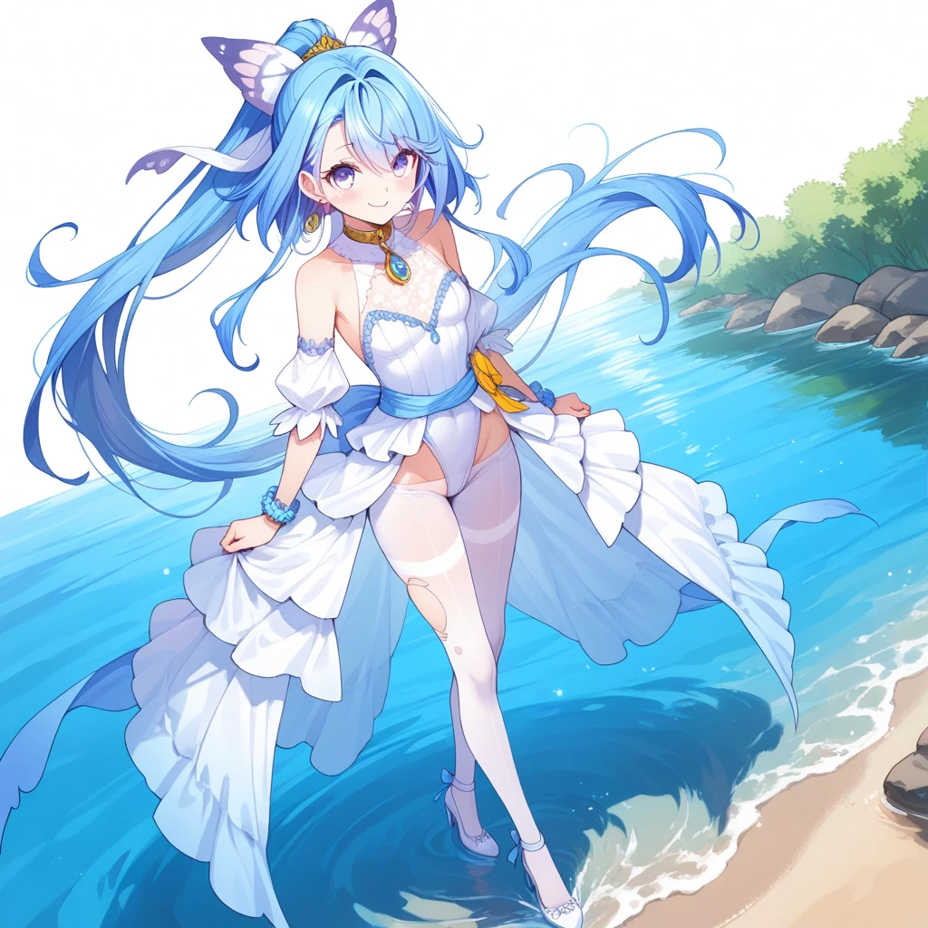 (Masterpiece)、(highest quality)、((Super detailed))、(Ultra delicate)、Pastel colored hair、Beautiful breasts、A young princess bathing in a lake、wet white dress