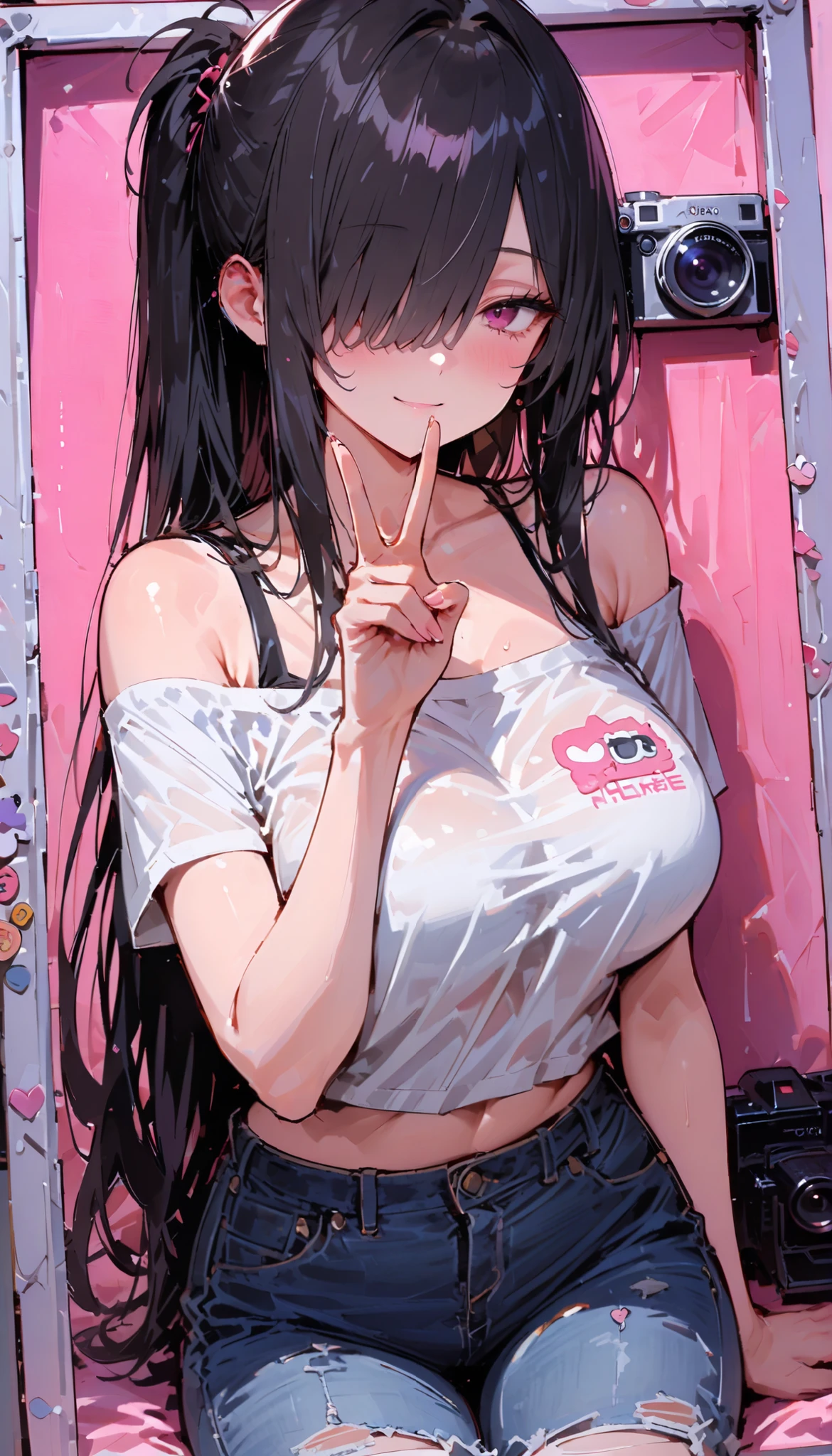 A beautiful woman, detailed eyes, Messy dark hair, during, He is wearing a pink t-shirt with a cute design., some shorts and stockings, penthouse, front view, blush, posing, perfect hands, good anatomy