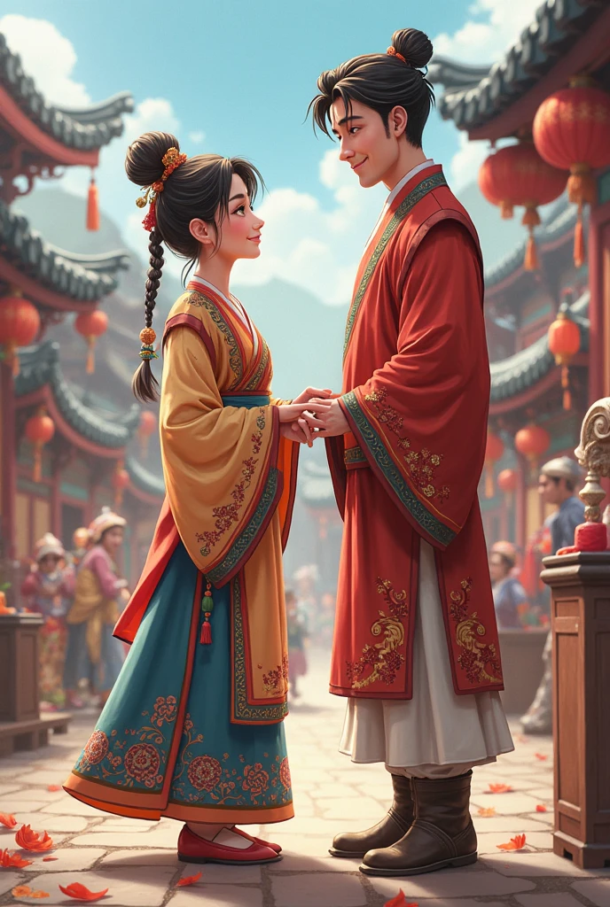 One princess, half Chinese brunette, with a big smile, short, accompanied by a tall dark-skinned man, well built, beggar&#39;s dress 