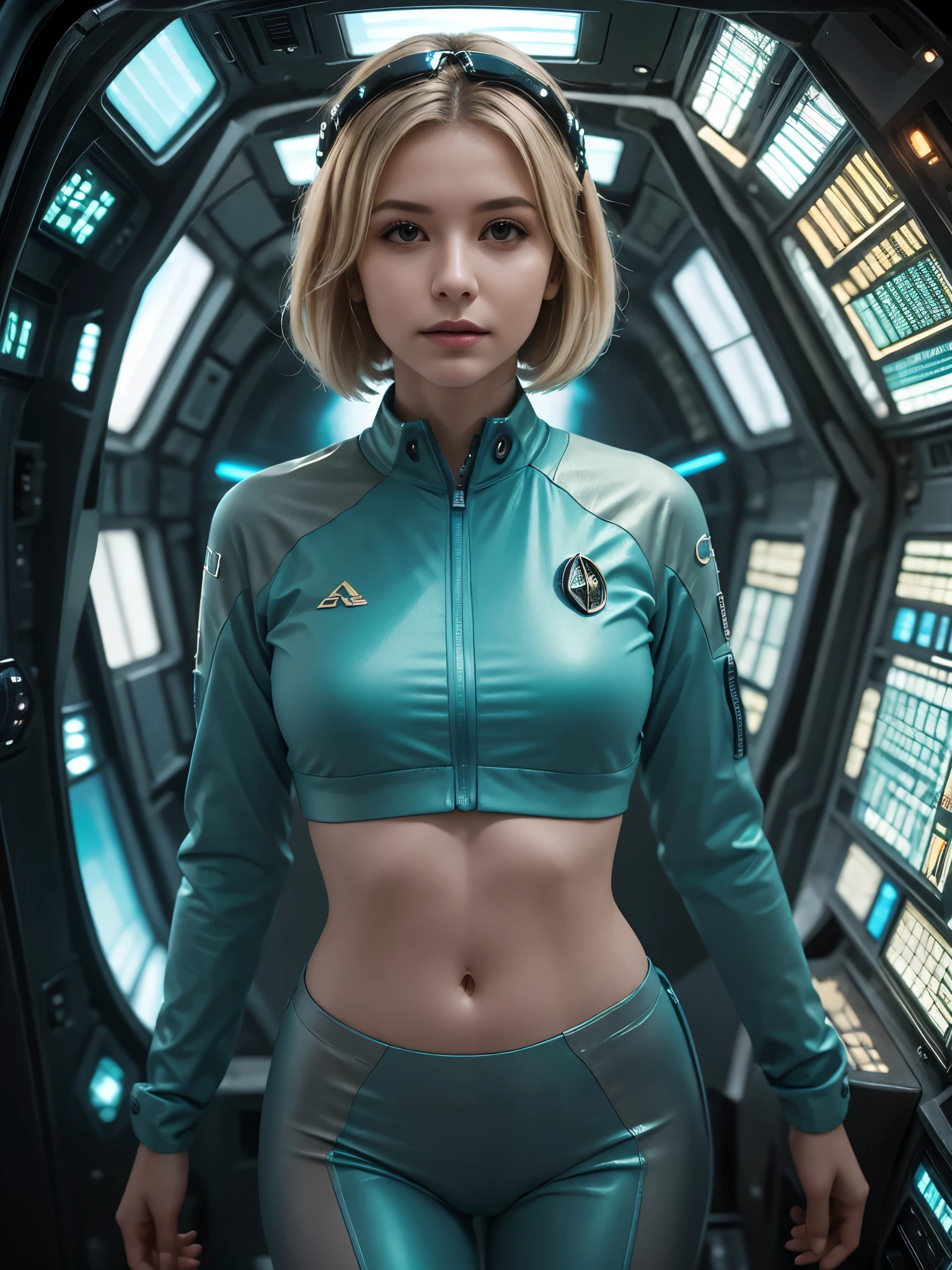 an ultra-high-resolution image of a young woman in a stunning, customized Teal and grey space suit. The suit is sleek and form-fitting, transitioning from teal to grey, with elegant embroidery and flowing fabric that seamlessly blend sci-fi and star trek aesthetics. The young woman has short, straight blonde bob cut hair with balayage highlights, and her large, captivating brown eyes are highlighted by intense eye makeup. Her highly detailed facial features add to her mesmerizing presence and gentle smile, softly illuminated by gentle lighting that enhances her allure. She stands in the cockpit of a futuristic spaceship, surrounded by high-tech control panels, holographic displays, and neon lights, all set against a slightly darker background to create a dramatic contrast. Striking a powerful, action-packed pose, one hand rests on her hip while the other adjusts her glasses headgear, as an artificial wind sweeps through her hair, giving the impression of dynamic movement. Mystical symbols adorn jewelry, with a celestial scene visible through the spaceship's windows, adding to the otherworldly atmosphere. Her expression exudes determination and strength, brought to life by the dramatic interplay of light and shadow. Subtle elements like led displays and natural motifs are integrated into her suit, symbolizing unity with nature. The entire scene is rendered with cutting-edge techniques, emphasizing her beauty and power with unmatched detail and clarity. Soft, natural lighting within the spaceship creates an enchanting, almost mythical atmosphere. Subtle elements like computer chips and natural motifs are integrated into her suit, symbolizing unity with nature. The scene is rendered with cutting-edge techniques, emphasizing her beauty and power with unmatched detail and clarity. Soft, natural lighting within the spaceship creates an enchanting, almost mythical atmosphere.