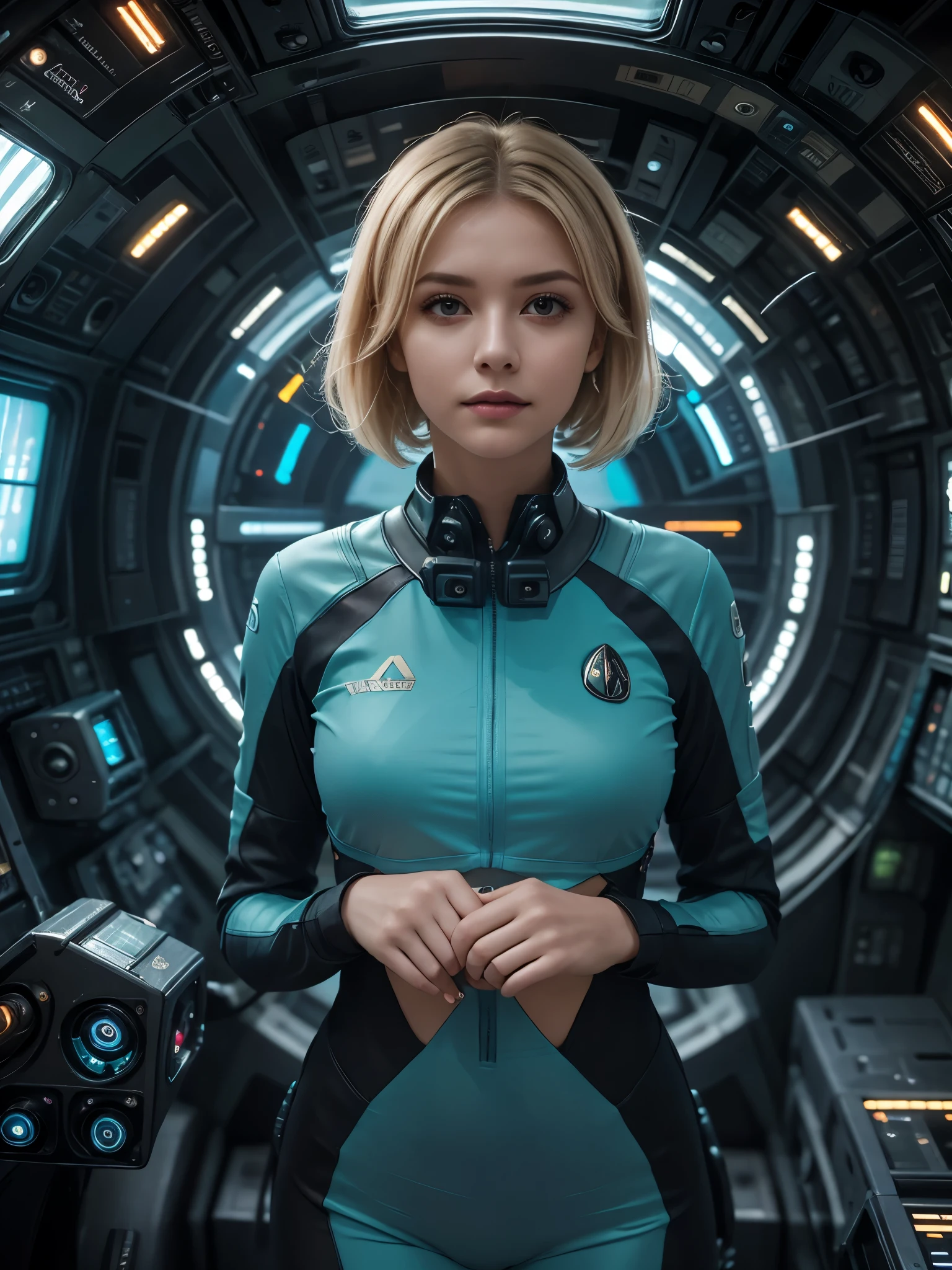 an ultra-high-resolution image of a young woman in a stunning, customized Teal and grey space suit. The suit is sleek and form-fitting, transitioning from teal to grey, with elegant embroidery and flowing fabric that seamlessly blend sci-fi and star trek aesthetics. The young woman has short, straight blonde bob cut hair with balayage highlights, and her large, captivating brown eyes are highlighted by intense eye makeup. Her highly detailed facial features add to her mesmerizing presence and gentle smile, softly illuminated by gentle lighting that enhances her allure. She stands in the cockpit of a futuristic spaceship, surrounded by high-tech control panels, holographic displays, and neon lights, all set against a slightly darker background to create a dramatic contrast. Striking a powerful, action-packed pose, one hand rests on her hip while the other adjusts her glasses headgear, as an artificial wind sweeps through her hair, giving the impression of dynamic movement. Mystical symbols adorn jewelry, with a celestial scene visible through the spaceship's windows, adding to the otherworldly atmosphere. Her expression exudes determination and strength, brought to life by the dramatic interplay of light and shadow. Subtle elements like led displays and natural motifs are integrated into her suit, symbolizing unity with nature. The entire scene is rendered with cutting-edge techniques, emphasizing her beauty and power with unmatched detail and clarity. Soft, natural lighting within the spaceship creates an enchanting, almost mythical atmosphere. Subtle elements like computer chips and natural motifs are integrated into her suit, symbolizing unity with nature. The scene is rendered with cutting-edge techniques, emphasizing her beauty and power with unmatched detail and clarity. Soft, natural lighting within the spaceship creates an enchanting, almost mythical atmosphere.