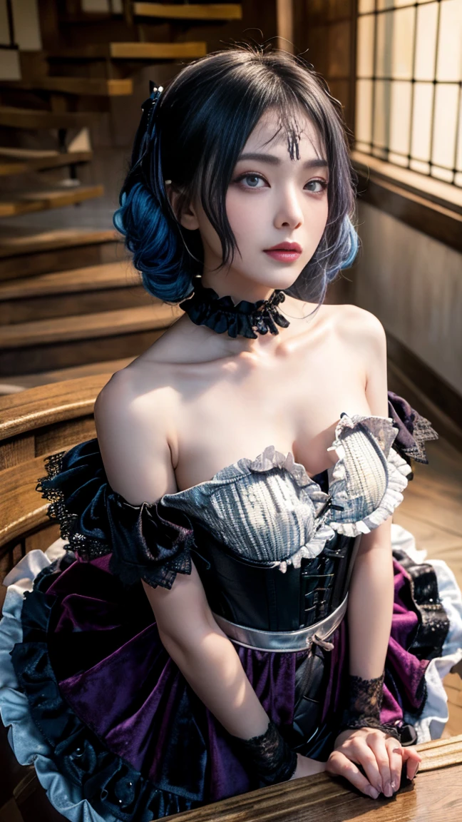 best quality, masterpiece, super high resolution, (realistic:1.4), original photo, 1girl, black bow, black gloves, black legs, blue eyes, blue hair, bow, collarbone, dress, drilled hair, frilled dress, frilled trim, gloves, gwen\ (League of Legends\), hair accessory, high resolution, league of legends, long hair, parted lips, fluffy sleeves, pink pupils, smile, solo, white dress, x, x hair ornament, delicate face,