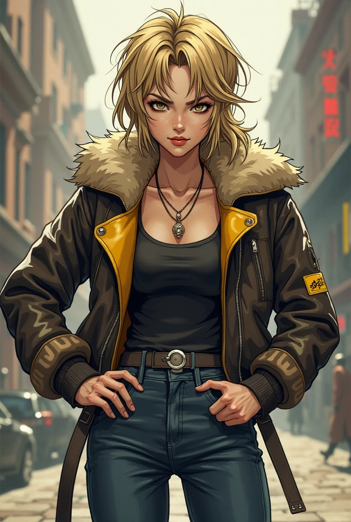 (masterpiece), best quality, expressive eyes, perfect face(masterpiece), best quality, expressive eyes, perfect face, 
a woman, 25 age,  80s style, short white hair, bronze skin, large breasts, wide hips, brown leather jacket, 
amber eyes, dark aviator glasses, neon city on background, holsters, spike chocker, black croped t-shirt,
 holster, gun holster, bondage gear, armwear, legwear, black gloves, elbow sleeves, thick thighs, harness, bottomless, half naked