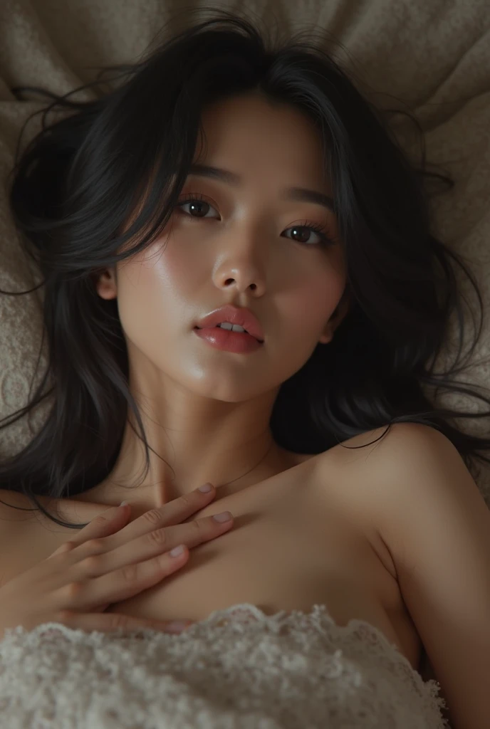 (masterpiece, top quality, best quality, extreme detailed, colorful,highest detailed, Dreamy Atmosphere, Bright color, real photo, real skin. Hyper realistic, 1girl, Indonesian Chinese girl, medium hair,naked, light smile, detailed skin, pore, simple background, slender body, lie down on a bed, M-legs positions, above view, arms up, open mouth, pleading eyes, spreading legs, evening time, small breasts, (slightly pubic hair:1.0), (small thight young pussy:1.0)