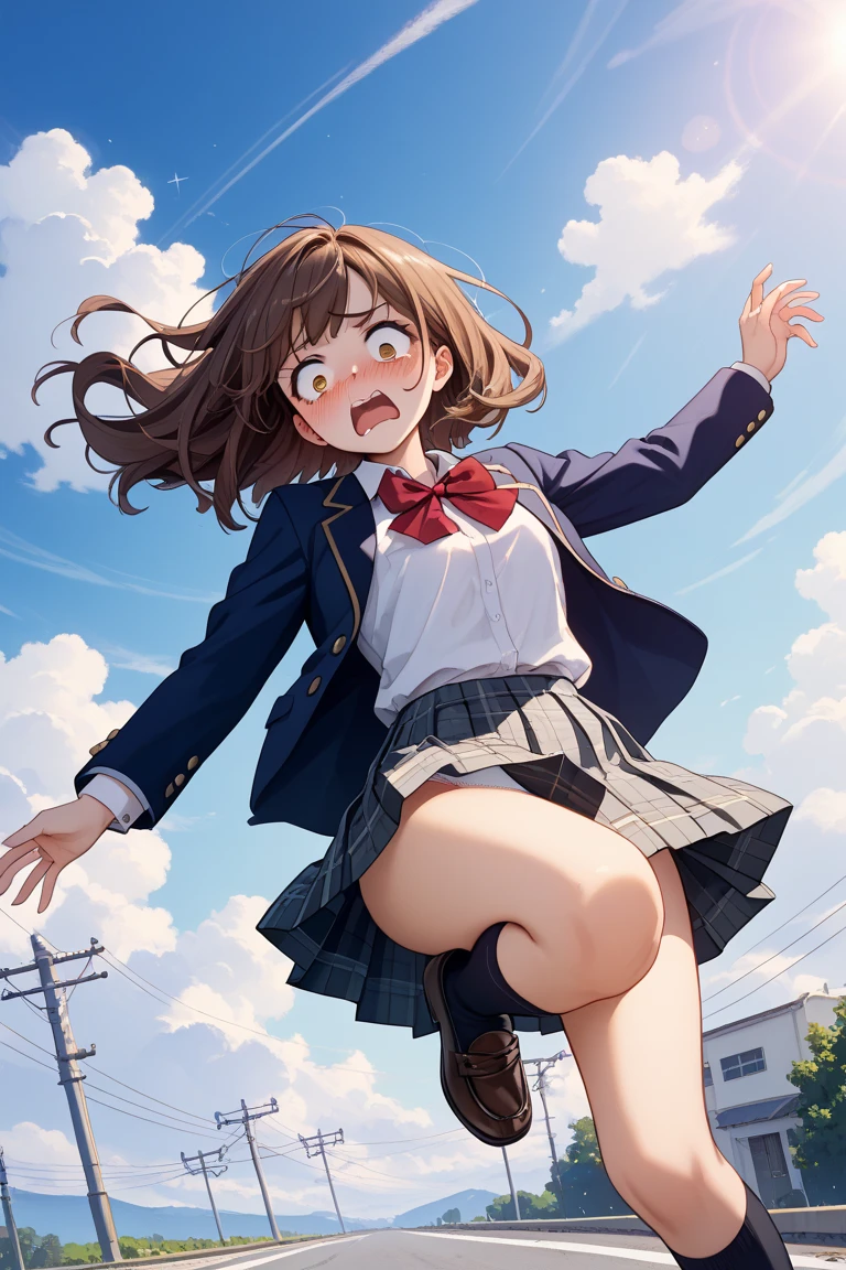 ​masterpiece、top-quality、hight resolution, 1girl in,,kick,kick,High school students,skirt by the、校服,、Anime Face、moe-anime、cute little、Colossal tits