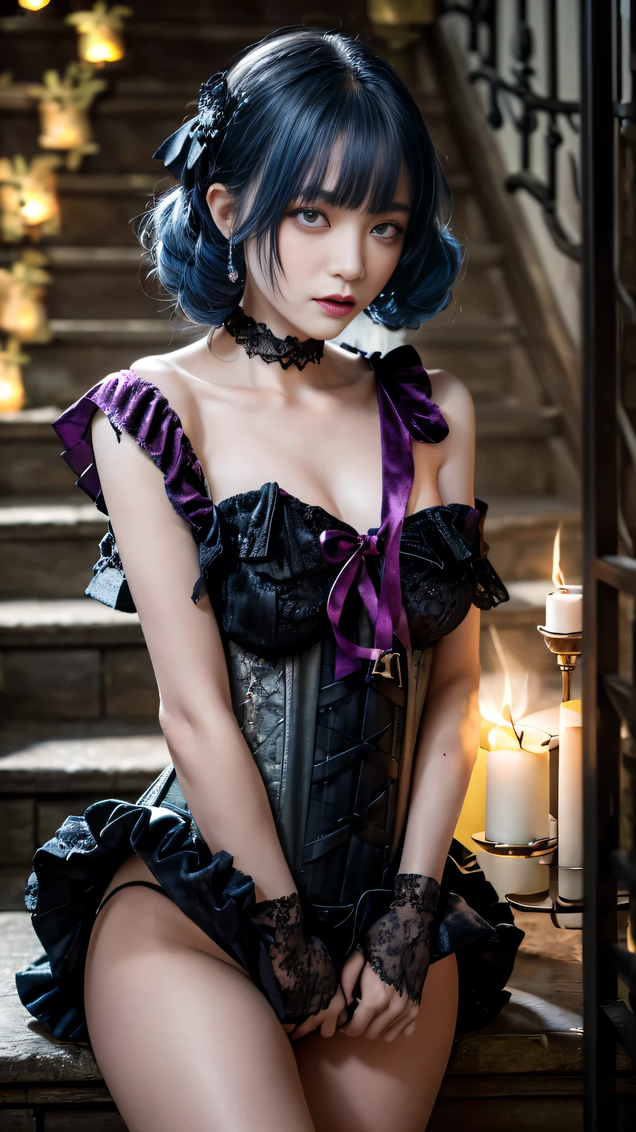 ((diagonal 45-degree close-up:1.4))
1girl, solo, ethereal beauty, ((deep purple eyes with silver stardust:1.3)), ((twin drill curls adorned with black lace ribbons:1.5)), ((light blue hair:1.3)), ((dreamlike lighting:1.2)), prismatic glow, translucent skin texture, radiant aura, perfectly sculpted hands, fluid hand motion, intricate hand details, natural yet surreal hand anatomy
((lace and velvet gothic ta dress with frills and corset:1.8)), ((jet black to dark plum gradient:1.7)), ((thorned roses and tiny crosses embroidery:1.5))
masterpiece, ultra-high resolution, surreal composition, dynamic asymmetry, ((diagonal tension with frills filling space:1.6))
inspired by the visionary art of Zdzisław Beksiński and the cinematic dreamscapes of Tetsuya Nomura
(ancient mansion’s spiral staircase with flickering candlelight:1.5)
night rose color theme
otherworldly ambiance, shimmering particles, soft chromatic aberration, ((subtle gothic mist:1.3))
black feather hairpins, bold eyeliner with purple shadow and dark cherry lips, lace choker with silver cross pendant
avant-garde makeup, prismatic highlights, lips like molten glass
((partially removing shirt, exposing shoulders :1.7))
artistic transcendence:2.0, trending on ArtStation