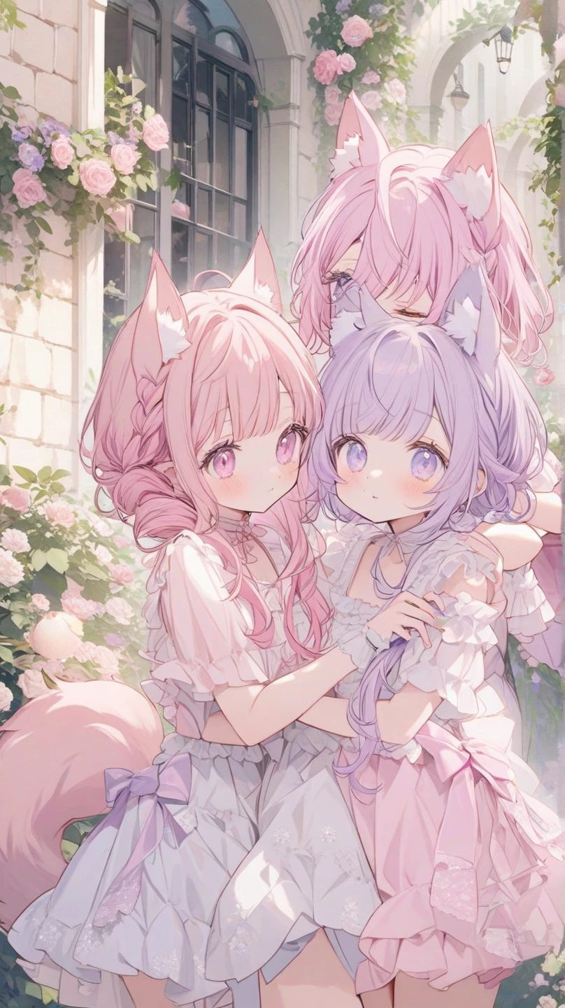Cat with pink ribbon、Pink Hair、Pink Eyes、White clothes、smile、Happy,masterpiece, highest quality, Girly style, Official Art, 8k wallpaper