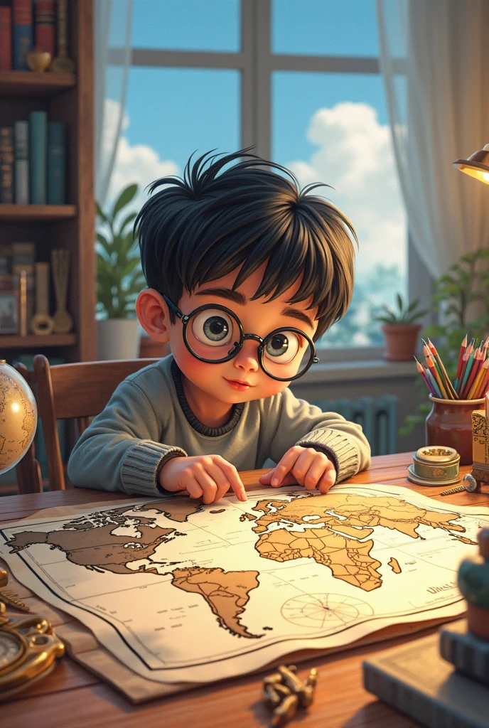 a picture、high-level image quality、8K、A boy stares at the secret map with a twinkle in his eye、profile、A lively look that discovers something