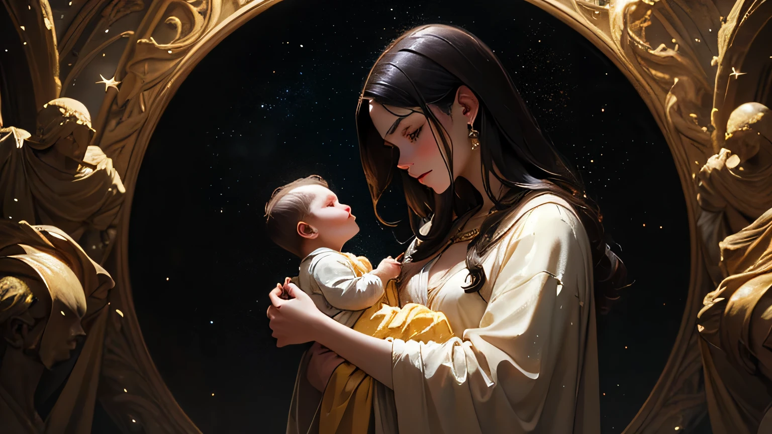 A Renaissance-style oil painting. A glowing soul descends from the heavens toward a newborn cradled by an ancient divine figure cloaked in golden robes. Ethereal light surrounds them. The background is vast and cosmic, filled with stars and symbols fading into mist. The mood is emotional, sacred, and mysterious. High detail, classical brushwork, cinematic composition, no text.