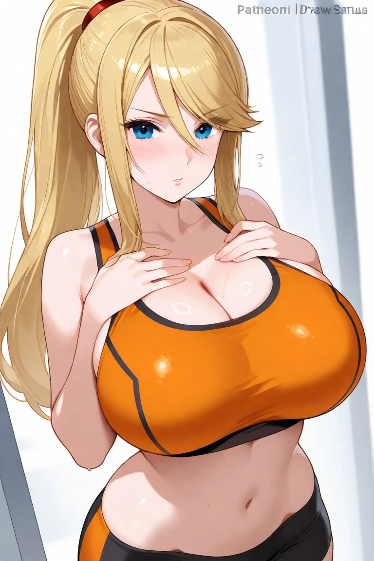 young girl, longue blonde hair, red-eyes, high ponytail, Sporty top, sweatpants, open belly, Huge-breasts, neckline on the chest, ssmile, Masterpiece, hiquality