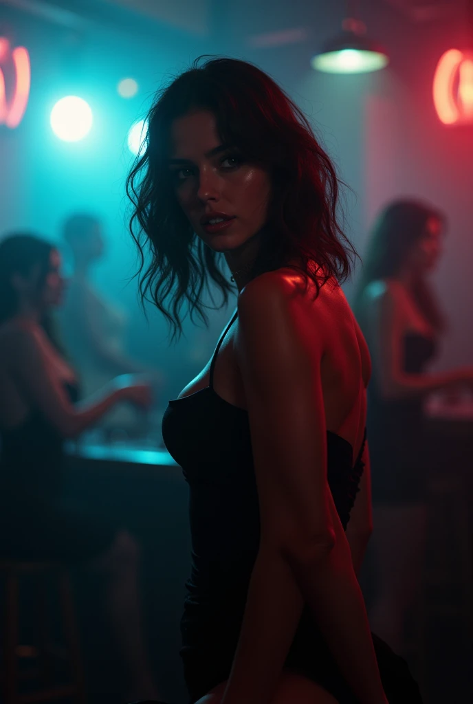 female 30s, skin tanned, short black hair, bountiful breasts, blue colored eyes, thick-thighs, fully body, short dress, in a night club