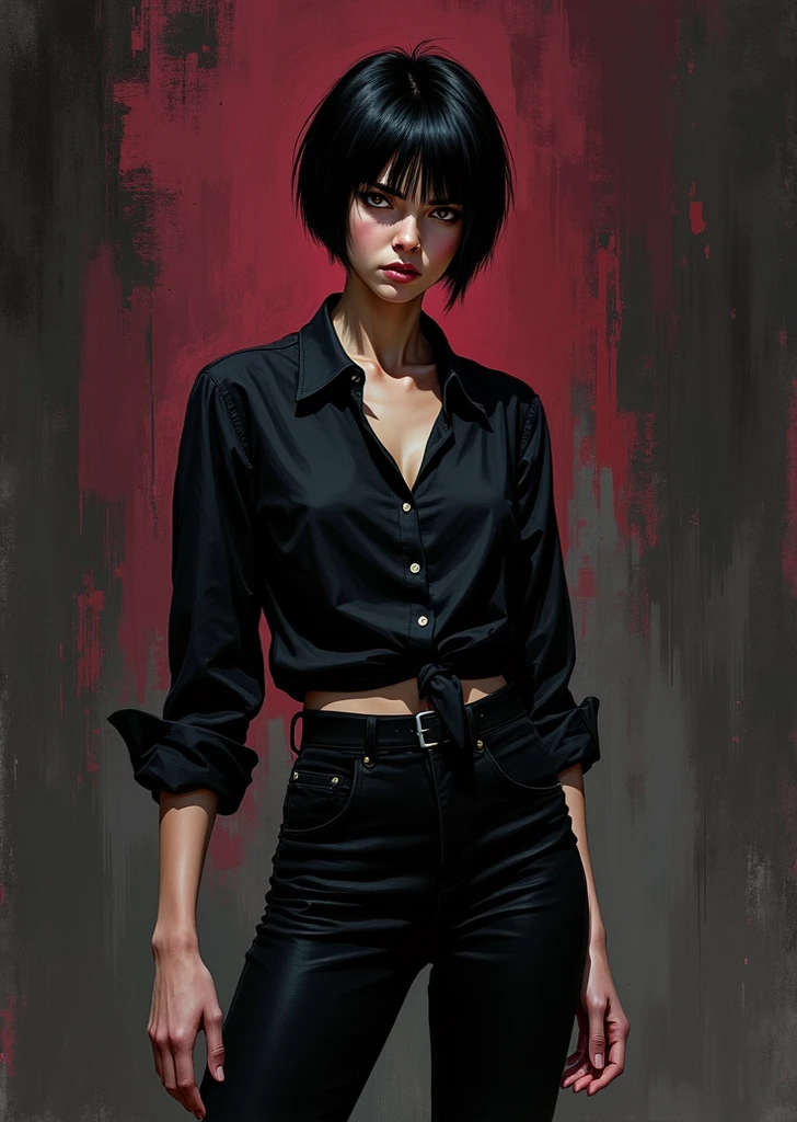 score_9, score_8_up, score_7_up, source_anime, rating_explicit, beautyful mature japanese woman, slim body, slender body, black jacket, lowered black jeans,big long fringe black hair, black lipstick, crossed arms, pink bra, serious face, pink panties, supported in a wall