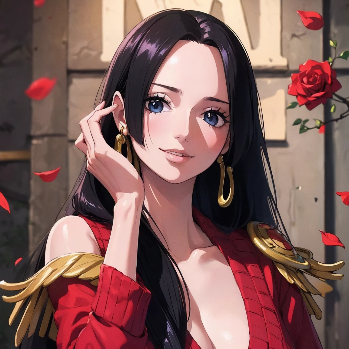 one-girl，Large breasts，cleavage，Off-the-shoulder attire，Be red in the face，Raised sexy，monkey d luffy, Smiling, Straw hat, Red vest，Solo,, ((Masterpiece)), (Best quality), (Extremely detailed), Depth of field, Anime screenshots, Scars under the eyes, preparing to fight, 黑The eye，Sea background，short detailed hair，