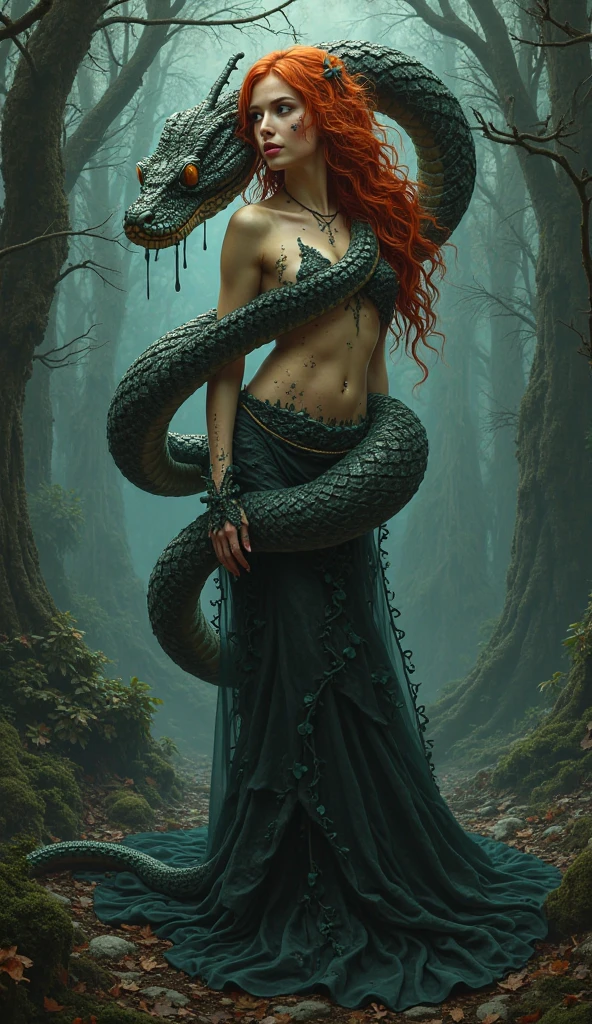Dark Fantasy Art of <lora:Medusa:1>
Medusa a painting of a red hair woman with a snake on her shoulder In Greek mythology, Medusa, also called Gorgo, a human female with living venomous snakes in place of hair, dark, moody, dark fantasy style