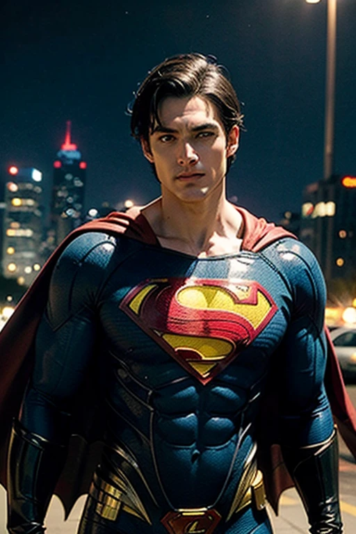 (Highest quality, Ultra HD, 16k, Masterpiece) Mahesh Babu, as Superman, stands resolutely atop a gleaming skyscraper in Metropolis, his powerful figure bathed in the warm morning light. The scene is a close-up shot, capturing the heroic determination in his eyes and the iconic details of his Superman suit. Mahesh Babu's chiseled features and confident expression are clearly visible as he gazes out over the bustling city. His eyes reflect a mixture of resolve and hope, embodying the strength and compassion of Superman. He is dressed in the classic Superman suit, a vibrant blue with the iconic red and yellow "S" shield emblazoned on his chest. The suit is form-fitting and streamlined, highlighting his muscular physique. The red cape drapes elegantly from his shoulders, catching the morning breeze and adding to his majestic presence. In the background, the sprawling, futuristic expanse of Metropolis stretches out beneath him. The city's skyline is a blend of modern skyscrapers and advanced architecture, bathed in the golden hues of the rising sun. The streets below are alive with activity, the people of Metropolis going about their day, unaware of their guardian above. The morning sky is clear, with the sun casting a warm, golden light that illuminates Superman's figure. The interplay of light and shadow emphasizes the textures of his suit and the contours of his face, highlighting his determined expression and the hope he brings to the city. The overall scene captures the essence of Superman’s vigilant watch over Metropolis, with Mahesh Babu's powerful portrayal bringing a unique blend of strength, nobility, and charisma to the iconic role. This composition portrays a world where hope and heroism shine brightly, with Superman standing as the unwavering protector of the city. (((mahesh babu with beard)))