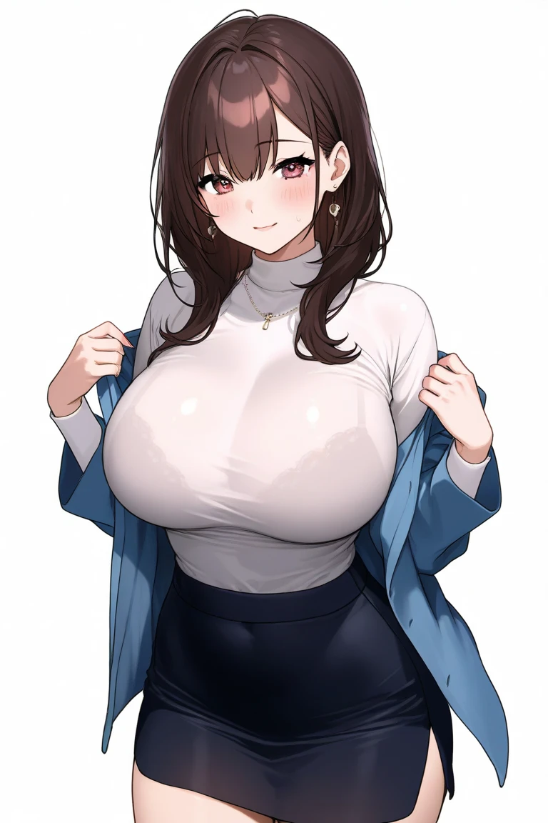 1 adult female、35-year-old woman、(Huge breasts:1.5、sagging breast:1.5)、Brown Hair、Light red eyes、Wavy Hair、Bobcut、living、milf、off-shoulder sweater、midriff peek、potbelly、Worried brow、mini denim shorts