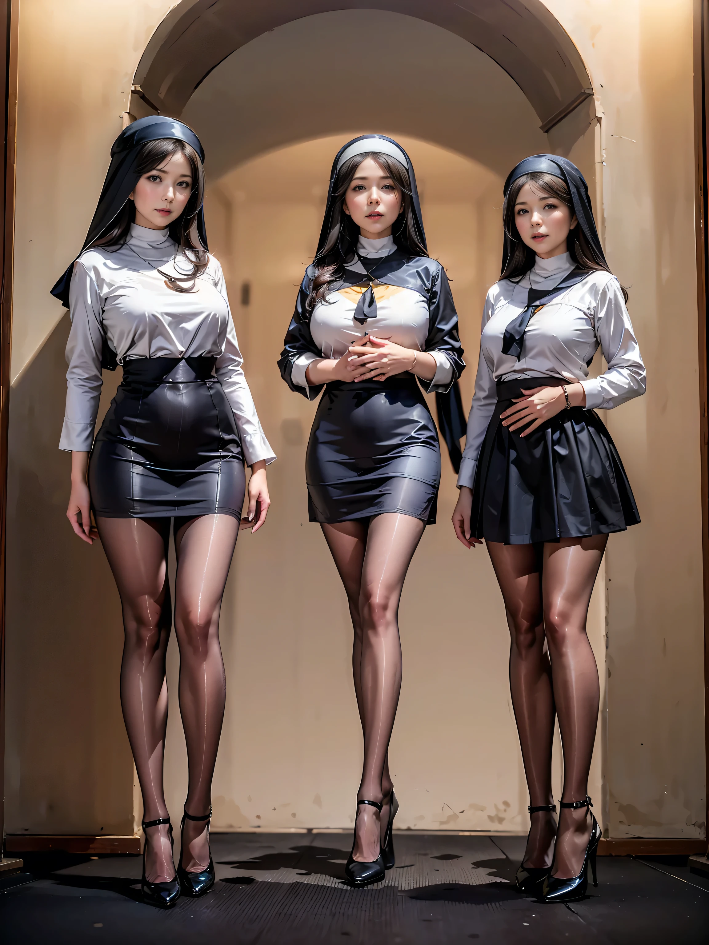 3Men's Tall Adult Women ((3A 50-year-old woman)) 3 middle-aged woman ((skinny body)) Body with Excellent Style ((3People Nuns)) (Black Ruffle Skirt) long hair (pantyhose:1.2) (high heels) full body Draw to the toes top quality 4K standing