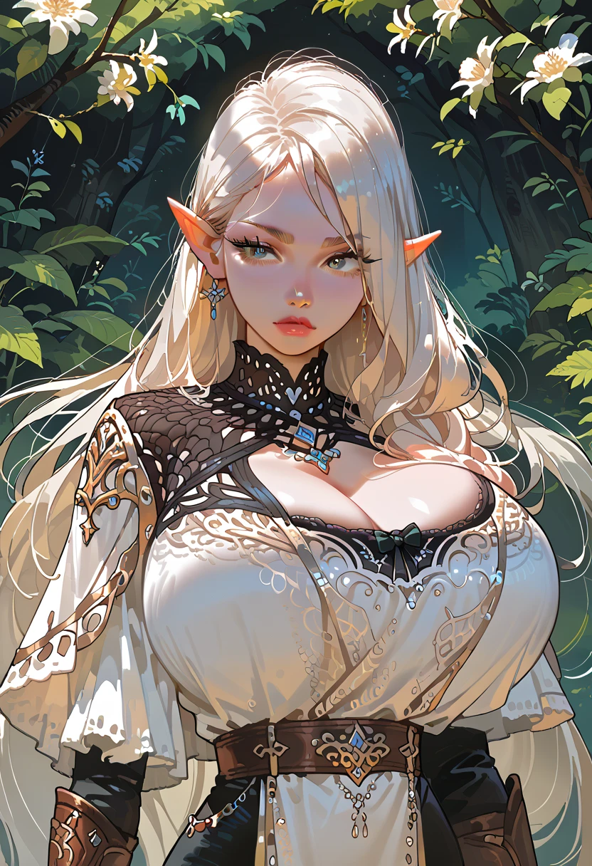 platinum blonde hair, 1girl, long hair, pointy ears, elf, huntress outfit, longbow, bow \(weapon\), nature, makeup, long eyelashes, masterpiece, best quality, intricate detail, sketch, outline, anime screencap, huge gigantic