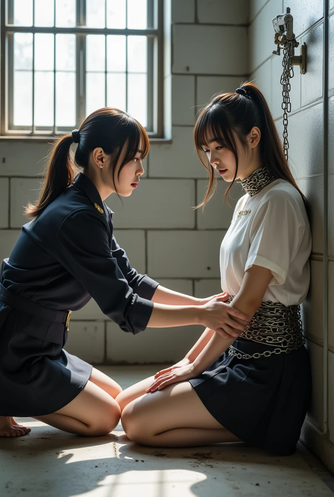 Five female bank employees are taken hostage after being attacked by robbers、All of them have their hands tied behind their backs with rope、Are standing、Back view、Wearing a bank uniform、Age 25、Beauty、Well-formed face、Medium build、Small Bust、Anatomically correct body、, light brown hair, straight hair, swept bangs, Surrealism, cinematic lighting, tachi-e, Nikon, Wide-Angle, UHD, anatomically correct, textured skin, best quality, highres, 8k, anatomically correct