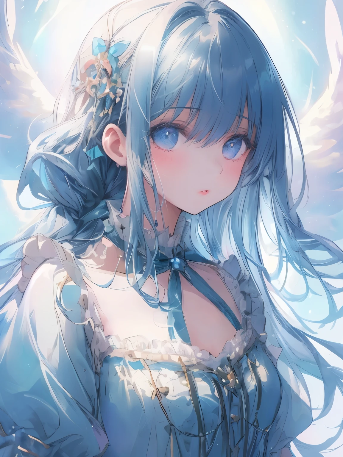 1 girl,Depp's Sense,confused,catch light,Super beautiful illustration,(blue hair,long hairstyles:1.6),turn around,eye shadow,(white clothes,Gothic Lolita),Upper body,;d,beautiful and delicate flowing hair,delicate and detailed green eyes,emphasized chest,big breasts