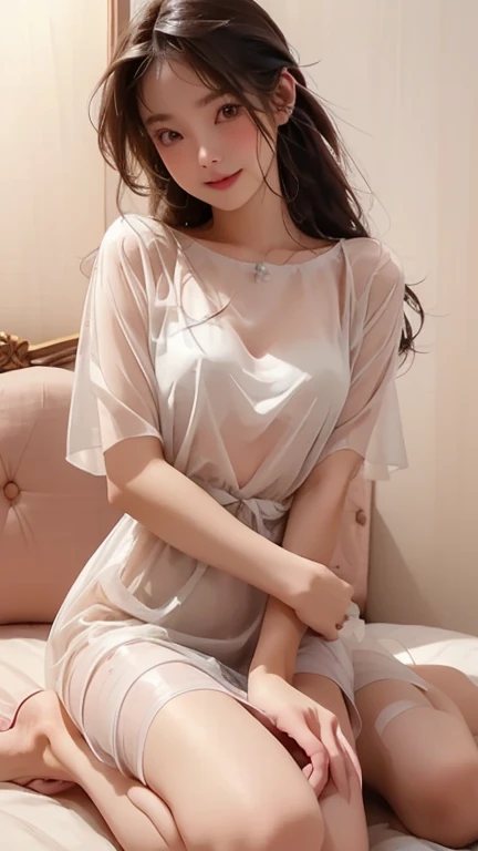 Pink t-shirt with long white transparent lace sleeves