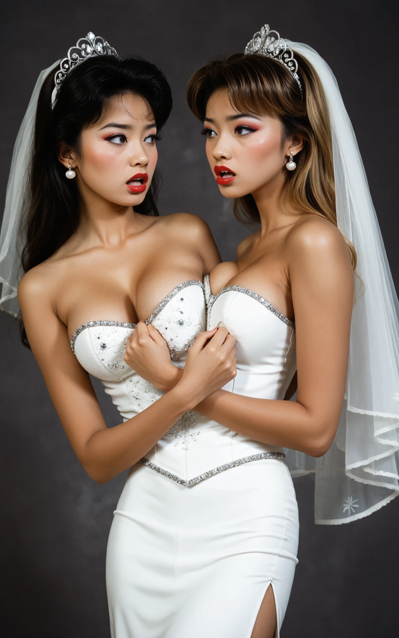 Demi rose and Jennifer Lopez, muscular body,big breasts,perfect face,red lips, green eyes,long dark brown hair with very long dark brown hair, super long dark brown hair with very super long dark brown hair, wearing wedding dress black with white and veil,realisian proportions, good proportions.