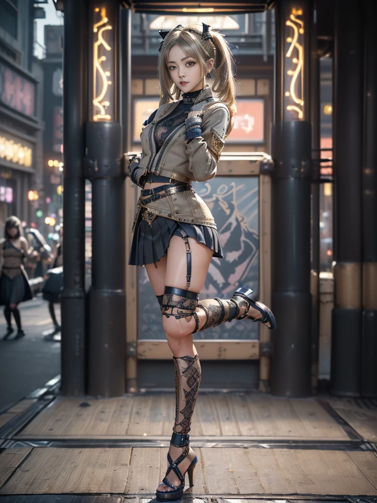 (Crouch:1.3)、(Full Body View:1.0)、(Look over your shoulder:1.3)、(Show off your beautiful ass:1.4)、(Smiling with teeth showing:1.3),(Shibuya Gal:1.5)、(Dark fantasy world:1.4)、(Neo-Goth Fashion:1.5)、(Punk RockVisual Kei:1.3)、(Futuristic black, navy and yellow bodysuit:1.5)、(A delicate denim and yellow cardigan:1.5)、(Gorgeous decorated corset:1.4)、(Red Garter Belt:1.5)、(Denim, yellow and navy cargo pants:1.3)、(Heart-shaped silver accessories:1.5)、(Brown Skin Belt:1.4)、(Blue High Heels:1.4)、(Lace underwear:1.4)、20-year-old、Browsing Caution,((Highest quality、In 8K、masterpiece:1.3))、Sharp focus:1.2、(Layered Cut、Huge breasts:1.1),Beautiful woman with perfect figure:1.4、(Dance vigorously:1.3)、Slim Abs:1.2、Butt、Highly detailed face and skin texture、Fine grain、double eyelid,(Twin tails:1.3)、(Brownish golden hair:1.3)、Obscene、Idol Sculpture、(The background is a cityscape of a fantasy world:1.3)、(Slimming your legs:1.4)、(The body is slim:1.3)、(clavicle:1.1)