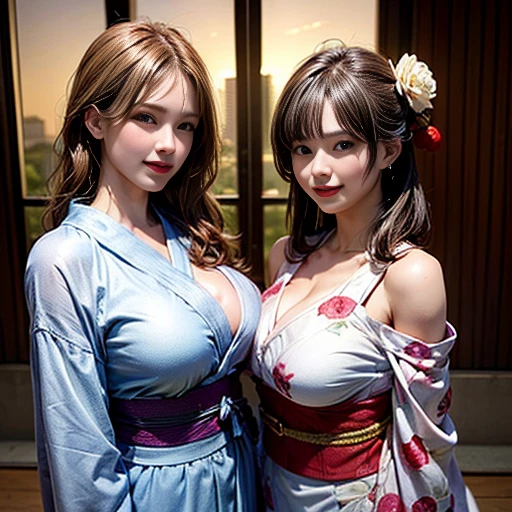 (8k, best quality, masterpiece:1.2), (realistic, photo-realistic),multiple women, 3 girls, mature, (closed mouth) large breasts, open cleavage, beautiful detailed eyes, (Kimono: 1.4),full body, topless, choker