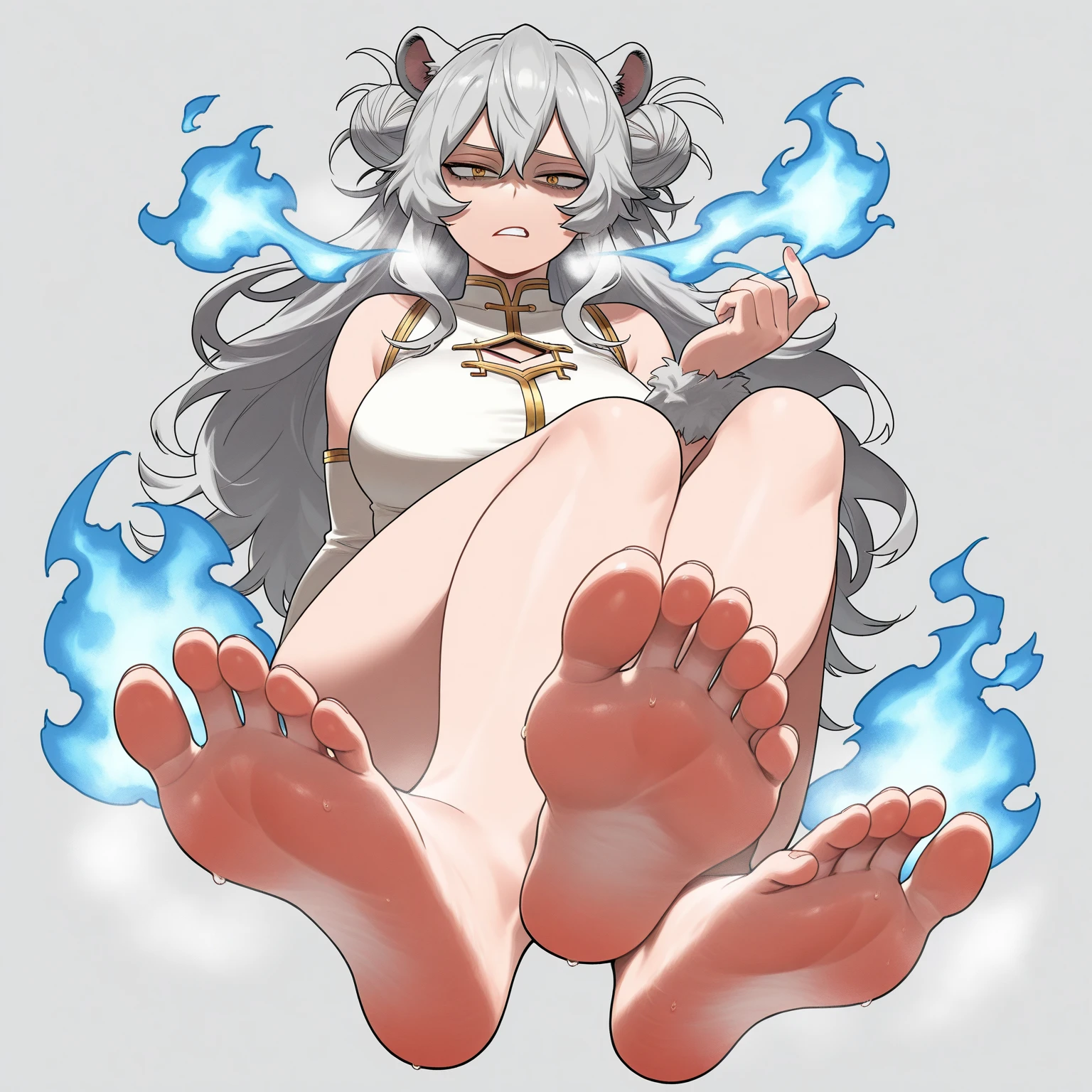 ultra-detailed, masterpiece, masterwork, high quality, best quality, hdr, (prison), posted on e621, (by hioshiru), nsfw, female, solo, (white little body dragon), hairy dragon, (long silver hair, closed eyes, blush, sad, white chubby body), from below, dynamic angle, (nude, restrained, shackles), stain body, (little pee puddle, piss)
