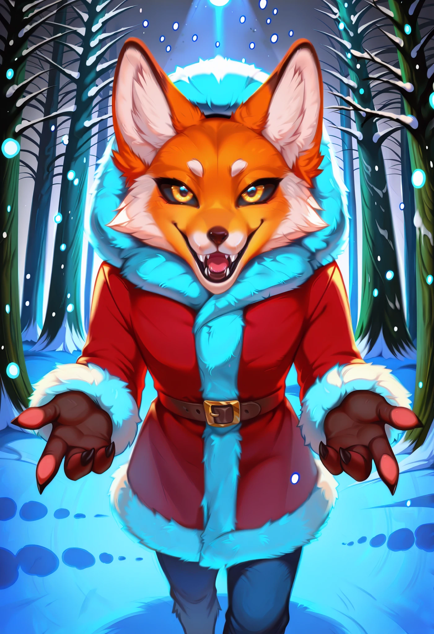 eastnik_anime, detailed background, Night, darkness, snow forest, Christmas trees, Village, Dark Road, backlight pole, lighting, fluffy персонаж, anthropomorphic fox, orange fur, Alice_The_Vixen, One, looks at the viewer, open mouth, 1 boy, glove belt, animal ears, Upper body, yellow eyes, male focus , teeth, language, hood, language out, grey background, coat, fur trim , fox ears, fangs, sharp teeth, fluffy, hood up, stained sclera, It's snowing, fluffy male, black sclera , body fur, white fur , fur-trimmed coat, sleeves with fur trim, red coat, yellow sclera,