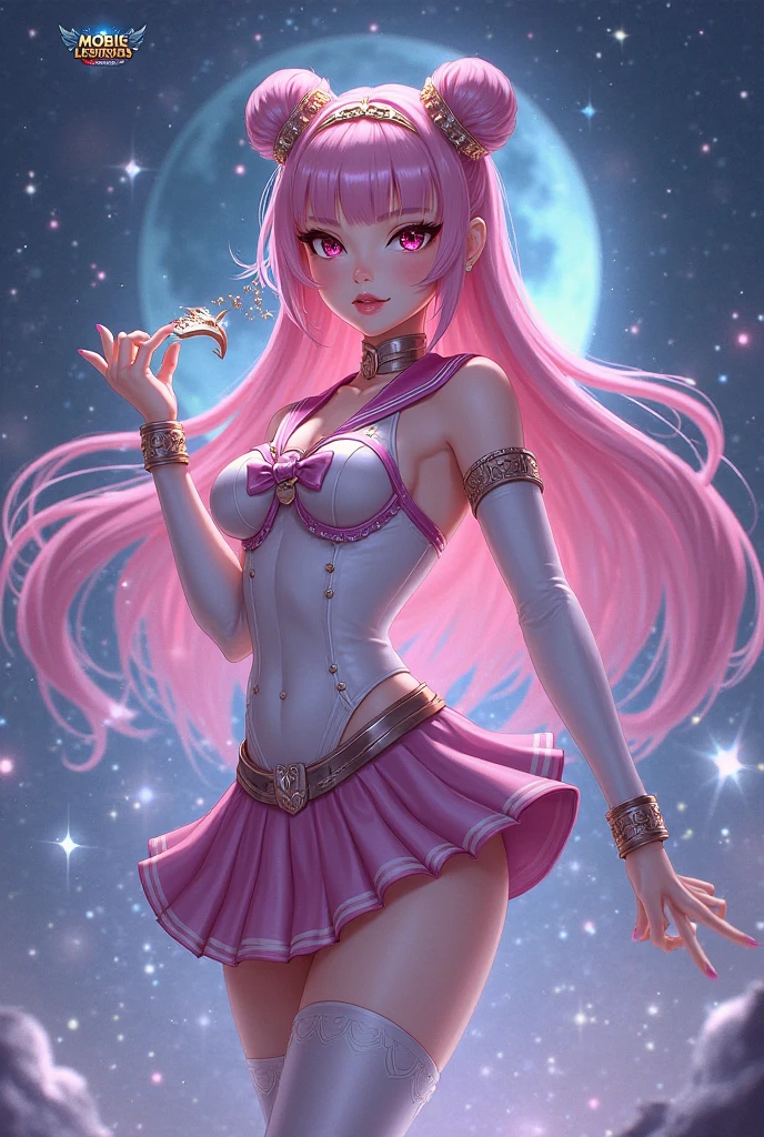 (Perfect Anatomy)、masterpiece、super high quality、 8k、masterpiece、Highest quality、Ultra-high resolution、Maximum resolution、Very detailed、Professional Lighting、ai-generated、woman、thin、so beautiful、Very detailedな目、Very detailedな顔、Gold earrings、Center of chest, Pink Lips, Pink upper arm armor, White leotard, pink pattern, whole body, Magical girl, Angel Girl, Are standing, Pink thigh high stockings, White super long boots, Pink Gauntlet, High heels, Hands glowing pink, Curl the inside of your hair, Bridal Hair Accessories、Fantasy Style、Sexy pose、