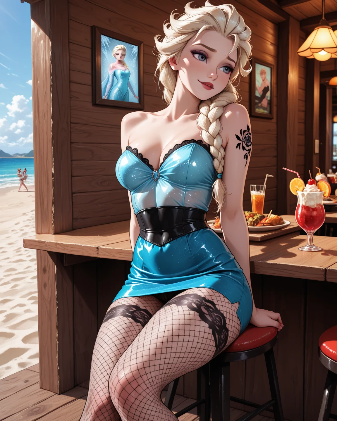 ariel and elsa wearing corsets and long socks back to back