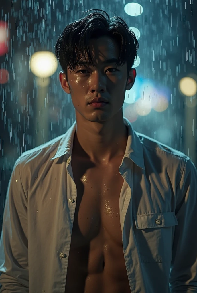 After the shower、Asian man who has just finished swimming、30 years old。Giant,He has white skin、Have a large muscular build。He received the call from a landline in his family's darkened room.。the body is wet and、Completely naked,