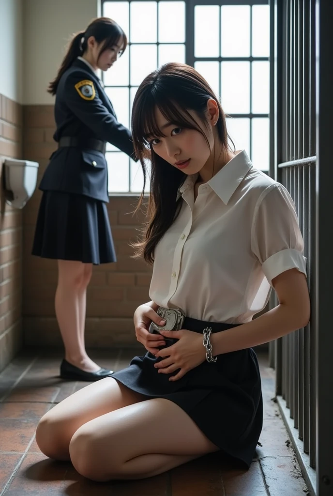 Scores 9, 8, 7, 6, 1 female (asian female), no censorship, young beautiful female, soldier, uniform, long legs,both hands bound behind her back, 1man , Both hands are shackled, both feet are shackled, Sweat, old storage room, girl in pain, forced