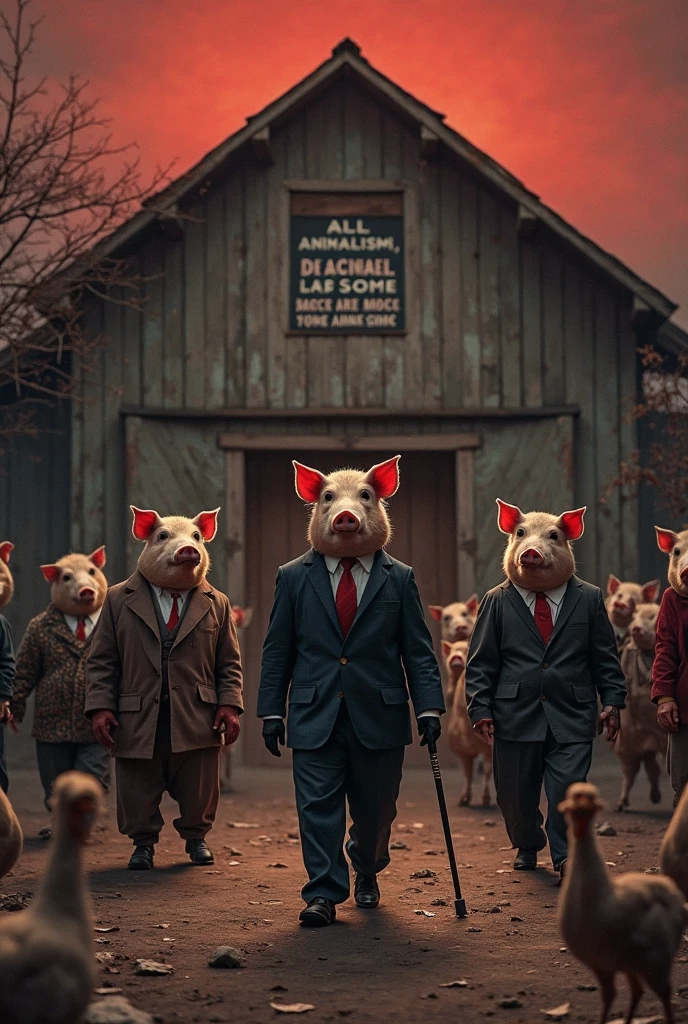 A dark and symbolic scene in the courtyard of the Animal Farm at the entangled Descend. A group of pigs walk on two legs, dressed in elegant human clothes — cartoons, coletes, e gravatas. One of them holds a cane, imitating a landlord. Ao fundo, The other animals (cavalos, galinhas, ovelhas, etc.) observe them with expressions of shock and confusion.
Em destaque, the barn wall where the seven laws of Animalism were written before - now replaced by A single:
"All animals are the same, but some are more the same than the others."
The atmosphere is heavy, with dark tones and dramatic lighting coming from the reddish sky, symbolizing the end of utopia and the beginning of tyranny.