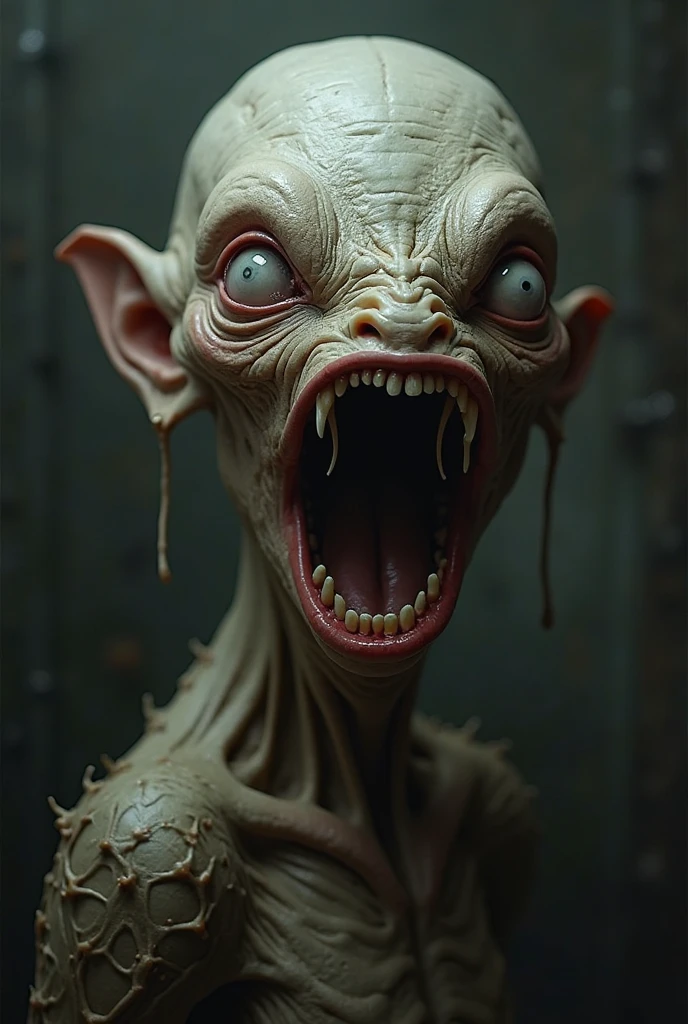 hyper-réaliste (RAW), faible lumière d'une bougie dans l'obscurité, visage de [gremlins] mutant féroce émergeant dans la lumière de la bougie, fond ????, style de Zdzisław Beksiński, textures naturelles ultra uniques, légères imperfections