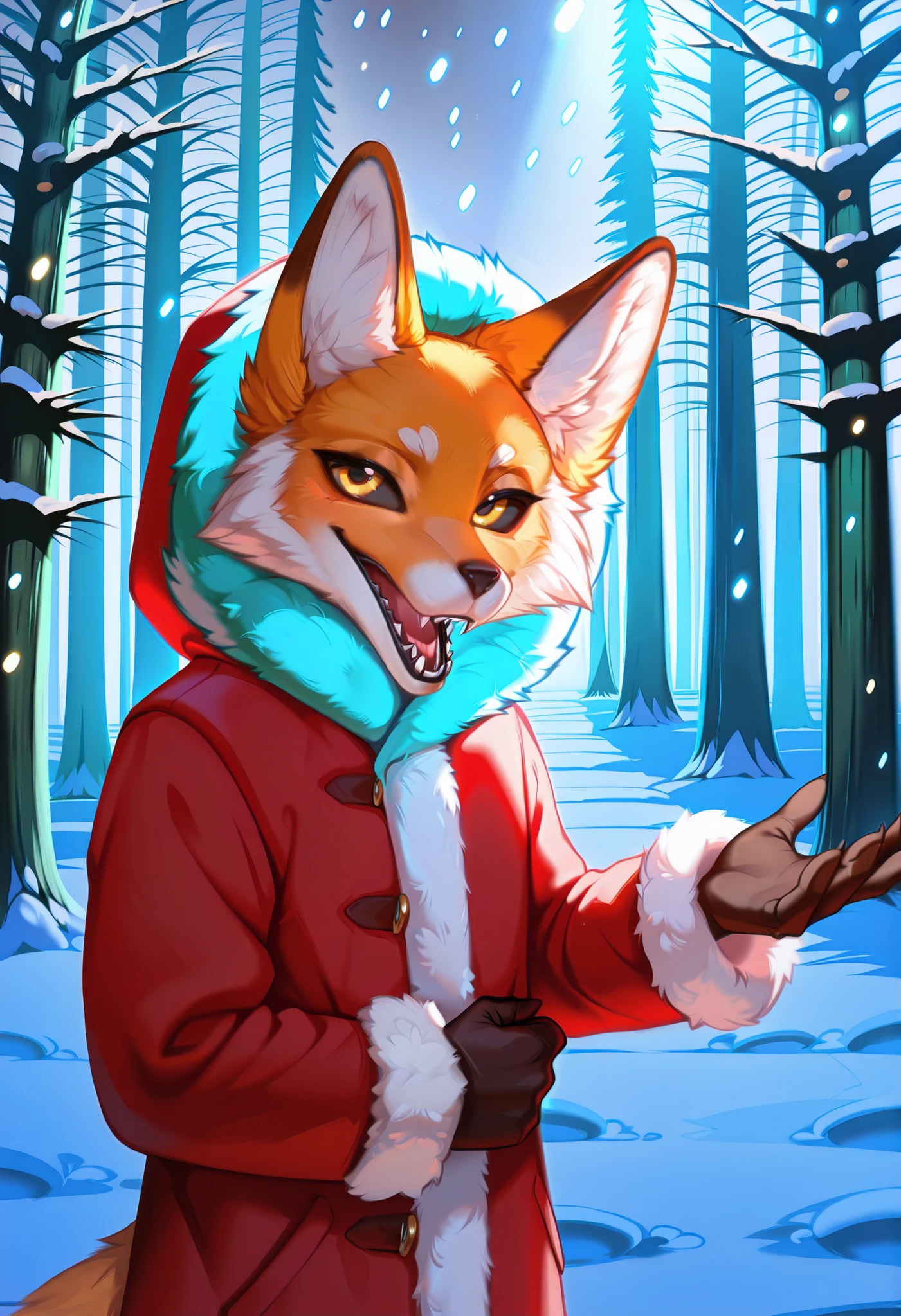 eastnik_anime, detailed background, Night, darkness, snow forest, Christmas trees, Village, Dark Road, backlight pole, lighting, fluffy персонаж, anthropomorphic fox, orange fur, Alice_The_Vixen, One, looks at the viewer, open mouth, 1 boy, glove belt, animal ears, Upper body, yellow eyes, male focus , teeth, language, hood, language out, grey background, coat, fur trim , fox ears, fangs, sharp teeth, fluffy, hood up, stained sclera, It's snowing, fluffy male, black sclera , body fur, white fur , fur-trimmed coat, sleeves with fur trim, red coat, yellow sclera,
