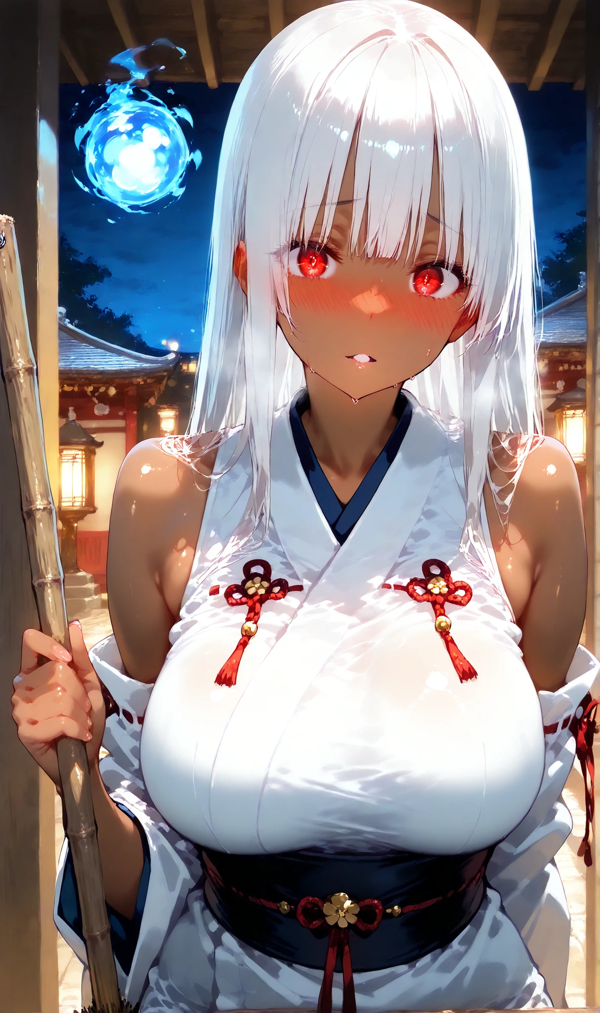 1 girl, alone, high resolution, masterpiece, best quality, detailed CG, detailed face, detailed skin, long breasts, tanned (dark skin: 1.2), red eyes, slightly glowing eyes, white hair, long hair, straight hair, uneven bangs, blushing, yandere, yandere face, shiny, Japanese temple costume, loose Japanese temple costume, bare shoulders, wooden and straw broom, white and blue fireball, flying on her shoulder, night, new year's party,