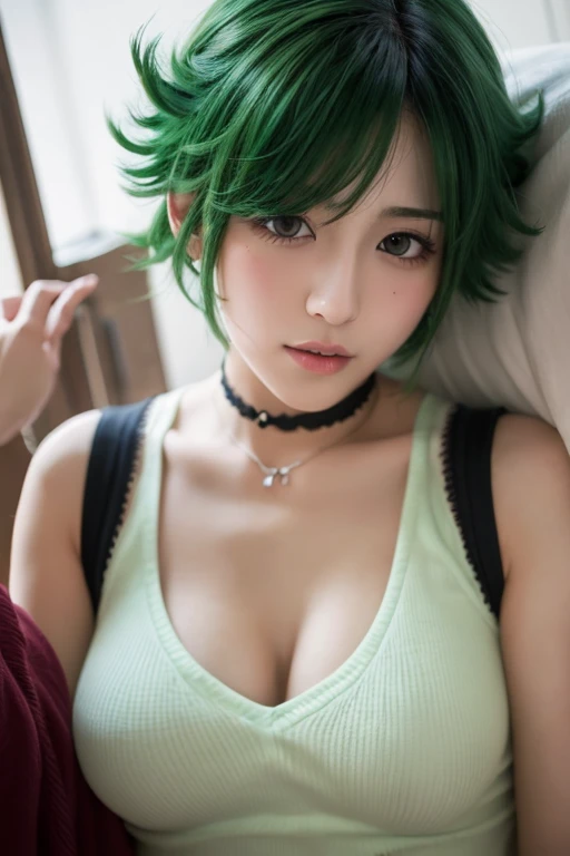score_9, score_8_up, source_anime, 1girl, UbelFrieren, purple eyes, dark green hair, medium hair, side ponytail, standing sex, reverse suspend congress, on bed, cleavage, seductive smile, tank top, downblouse, arm behind head , armpits, sex from behind, vaginal, sex, 1 boy, shirt lift, breasts, nipples, grab her breasts, spread legs,