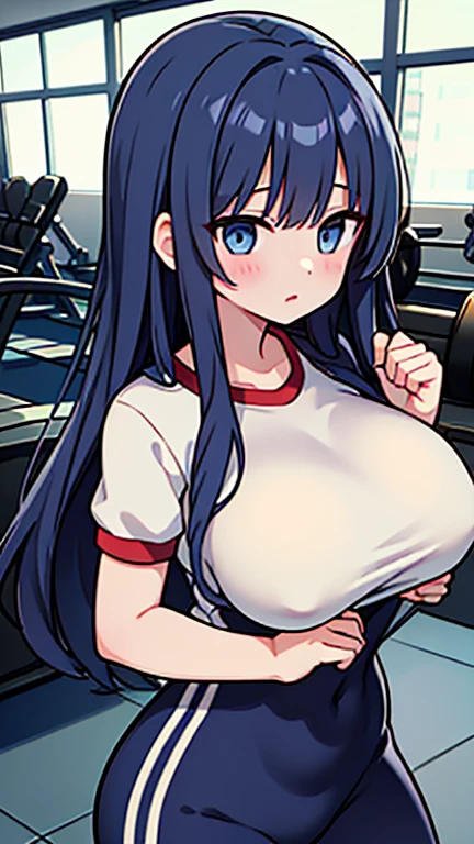 Raiden Shogun from Genshin Impact, (((solo))),(((modern clothes, gym top, cleavage, choker, ecchi))), upper body focus, ((shy smile)), ((arms behind back)), dynamic angle