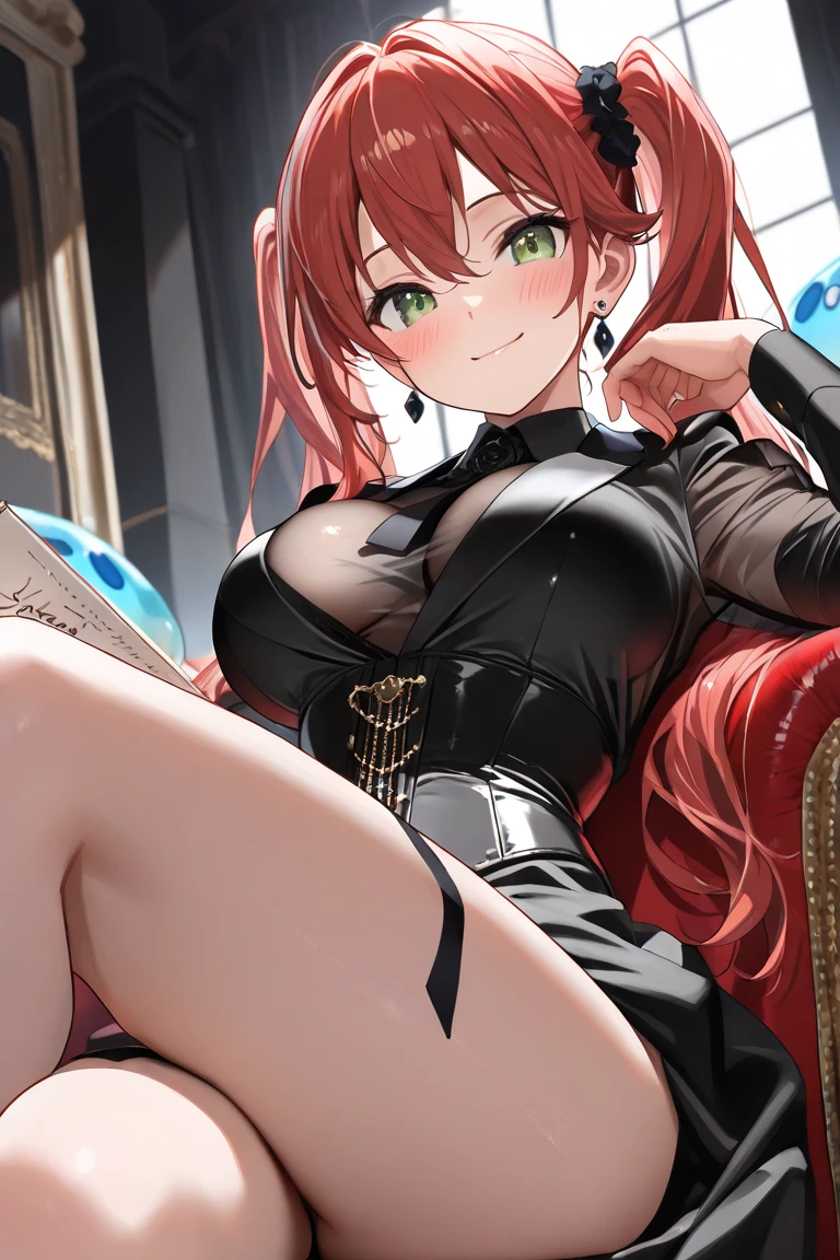 living room, night, ((gigantic breasts)), , drunk , evil grin, tongue out, NSFW, (((leaning forward))),(((cum on clothes))),((( cum on clothes))),pov,1 boy, penis, breasts blowjob, paizuri, penis is between breasts, penis in breasts, breast squeeze