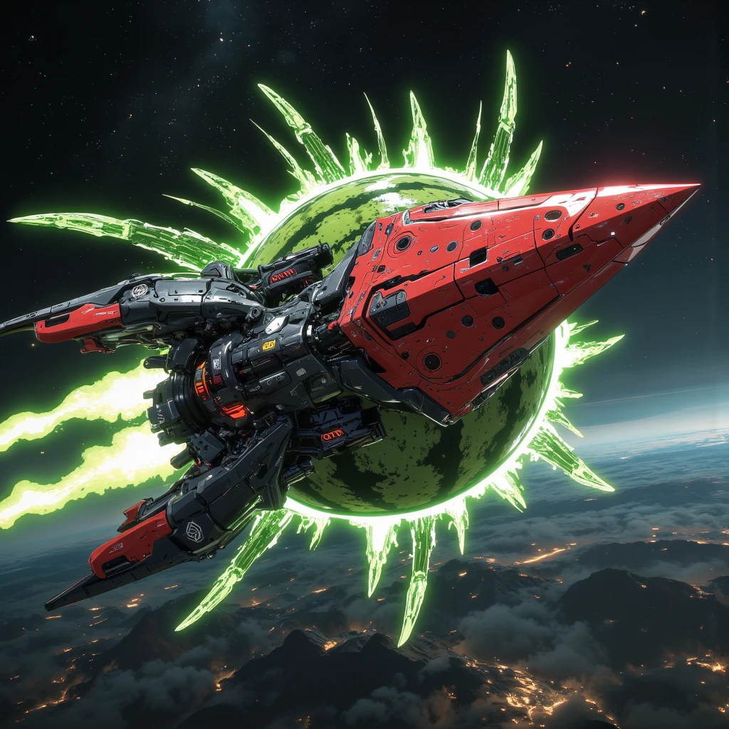 ((Watermelon themed space jet through space)), Red triangle space fighter Nose,Exploded halo surrounded by vibrant green and red, follows watermelon seed-like energy, Speed lines and dynamic blur, Glow engine, hyperprogrammed, anime style, Strong lighting, Dramatic Composition, dynamic camera angle,Flying,